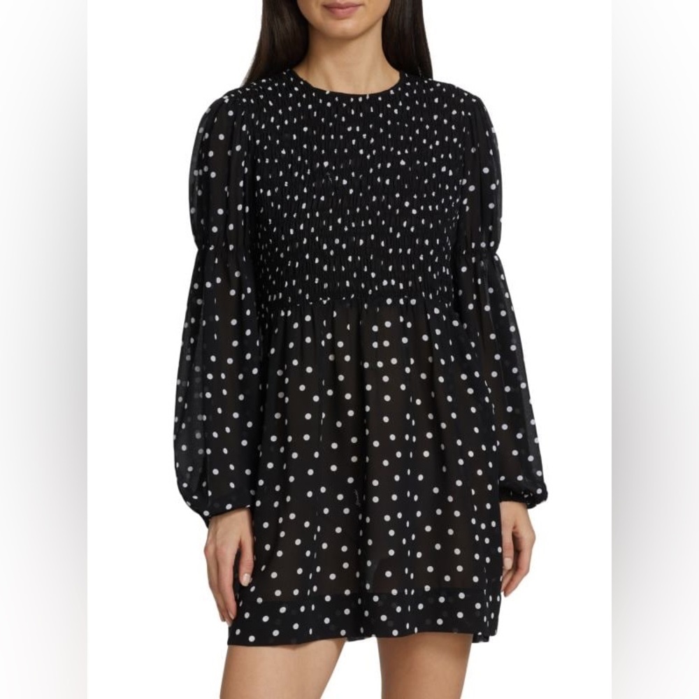 GANNI Polka Dot Smocked Minidress